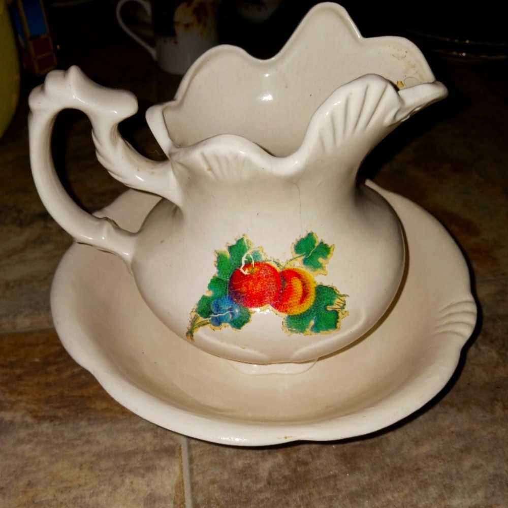 Handmade Water Pitcher and Basin with Peach Decals